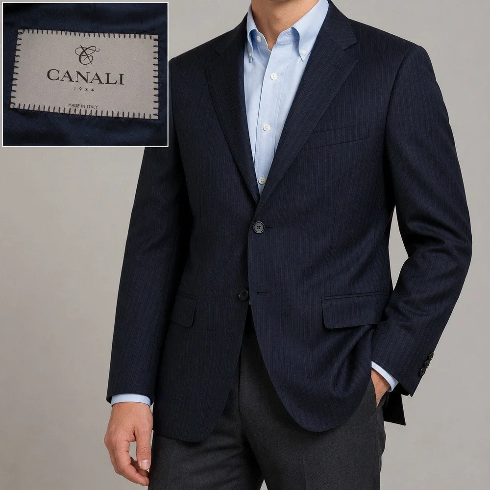 Canali Blazer Mens 46R Navy Blue Pinstripe Wool Luxury Made in Italy Sport Coat